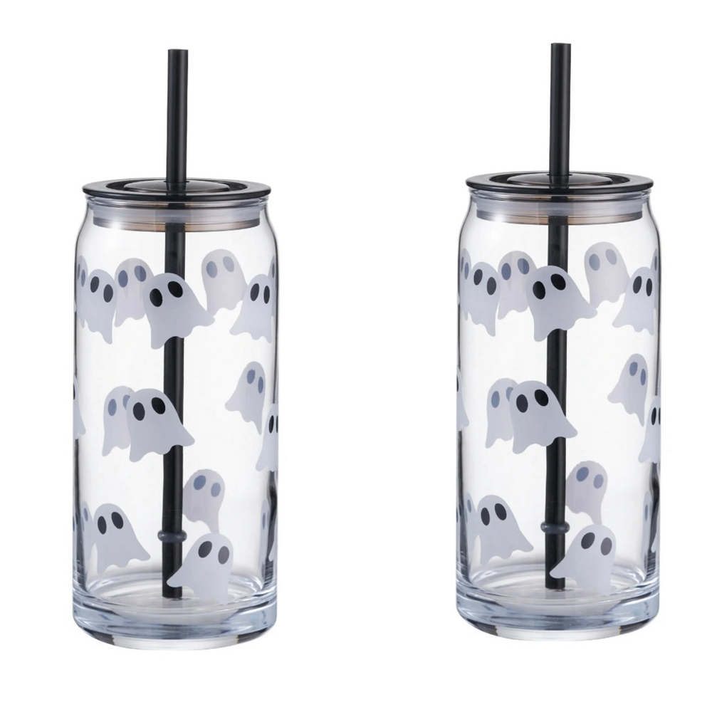 NEW BUNDLE OF 2 Drinkware Clear Ghost Halloween Glass Cup One Size